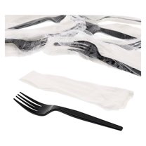Royal 2-in-1 Disposable Silverware Medium Heavy Weight Plastic Utensil Set with Fork and 13x17 inch Napkin - Individually Wrapped Cutlery Meal Kit, Black, Case of 1000