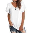 thumbnail image 2 of Liher Women Summer Tops Button V Neck Short Sleeve T-Shirts Plain Solid Blouse Tops Lounge Loose Roll Up Sleeve Tee Shirts White Button-down 2XL, 2 of 3