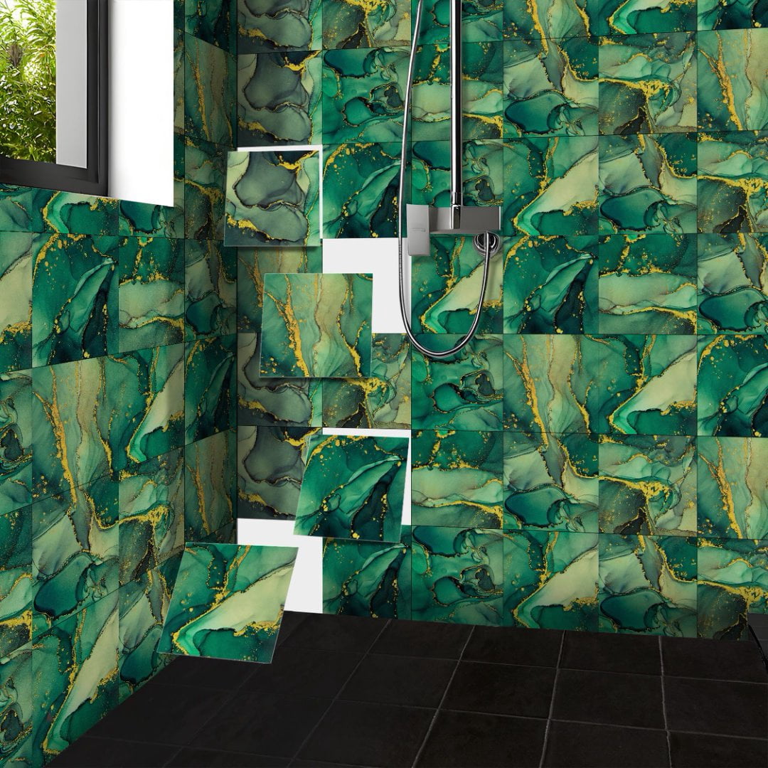 16-Sheets Tile Stickers Backsplash 8" x 8" Green Gold Marbling Wall Decals DIY Decor Peel and Stick Waterproof PVC Tile for Kitchen Bathroom
