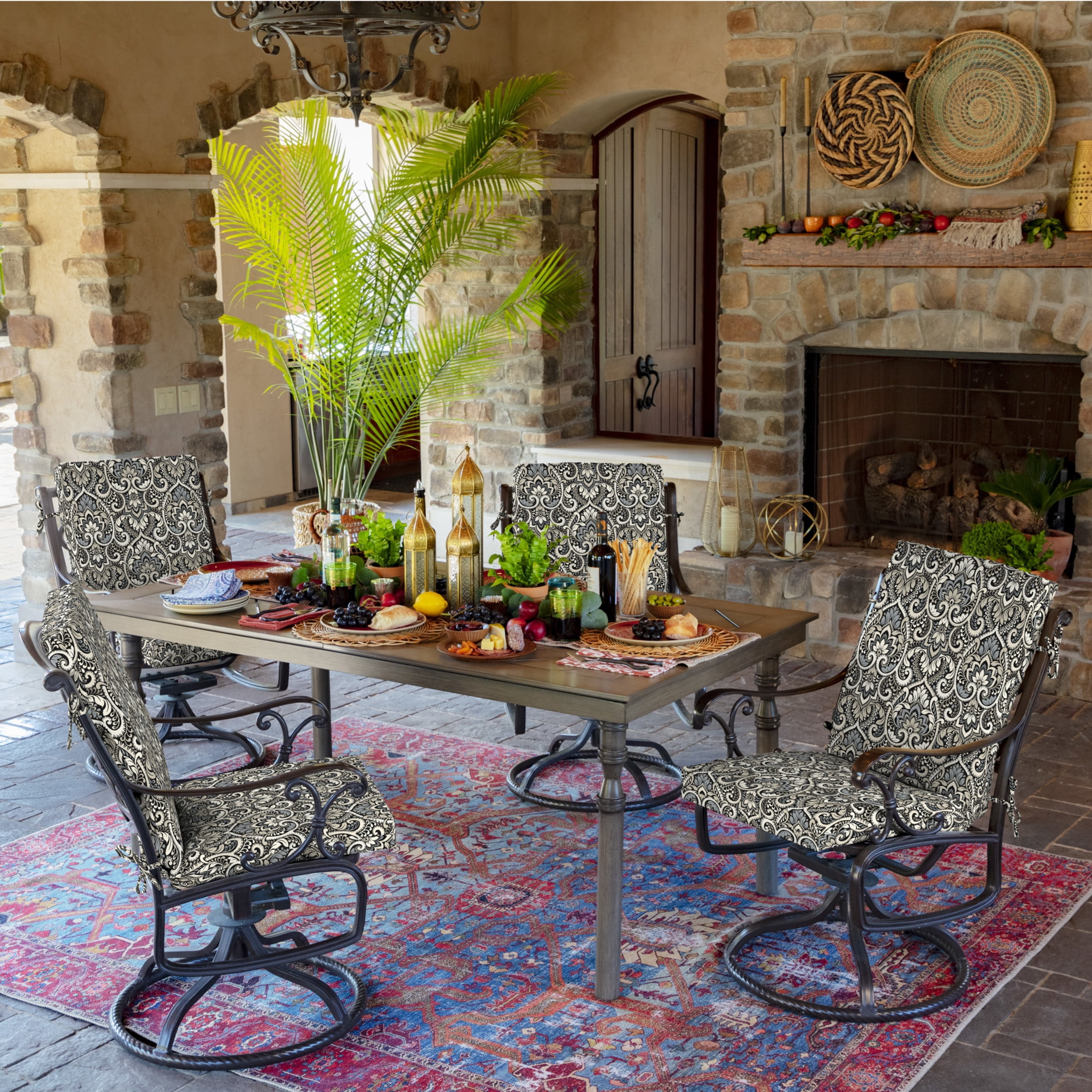 ARDEN 4-Pack Outdoor Patio Dining Chair Cushion, 20x44, Rain-Proof Seat Pad, Fade-Resistant Outdoor Cushion Black Aurora Damask