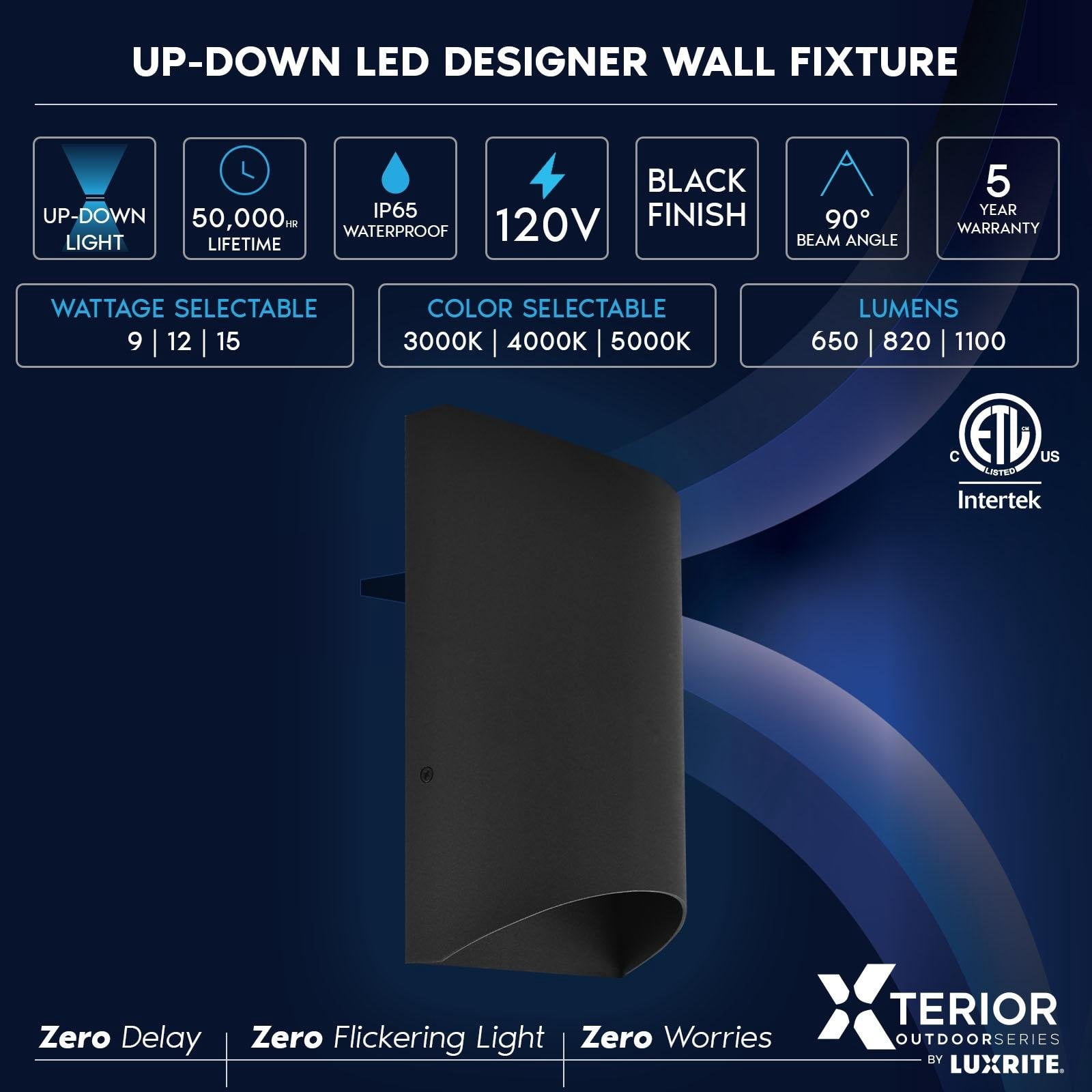 Luxrite Modern LED Porch Lights Outdoor Up and Down Wall Sconce, 9W/12W/15W, 3CCT 3000K 4000K 5000K, IP65 Waterproof, 8 Inch Half Cylinder Aluminum, ETL, Outside Lights for House, Garage, Patio 2-Pack