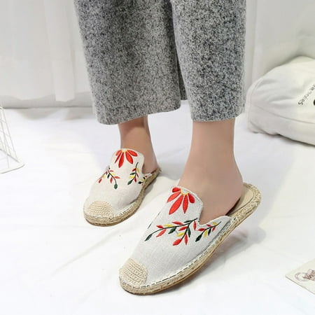 

STEADY Women Ladies Fashion Embroider Flat Sandals Slipper Round Toe Casual Shoes White / 41
