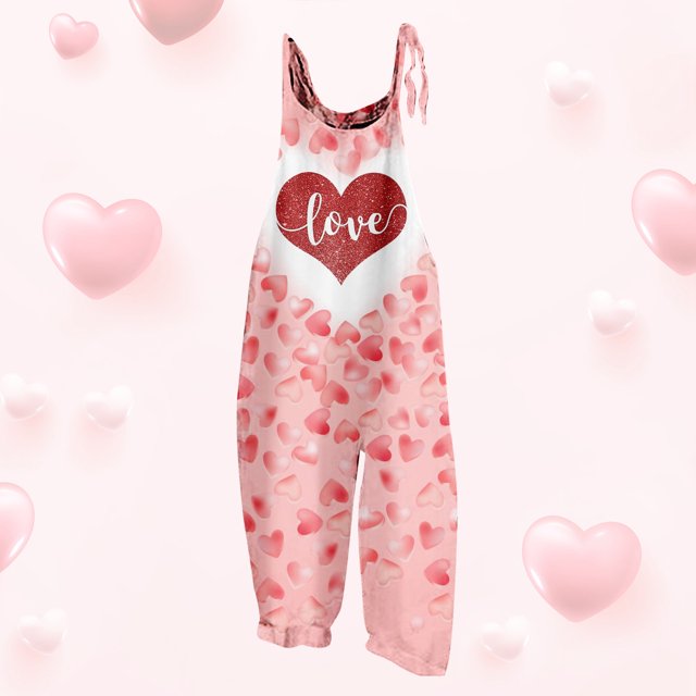 WILLBEST Jeans pour Femmes Tendance Mode Saint-Valentin Imprimé Bretelles Col Rond Combinaison (2) Liquidation Classique