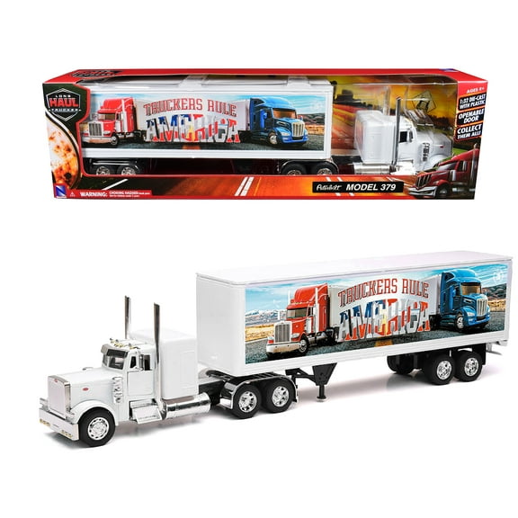 Peterbilt 379 Truck White with Dry Van Trailer "Truckers Rule America" "Long Haul Truckers" Series 1/32 Diecast Model by New Ray