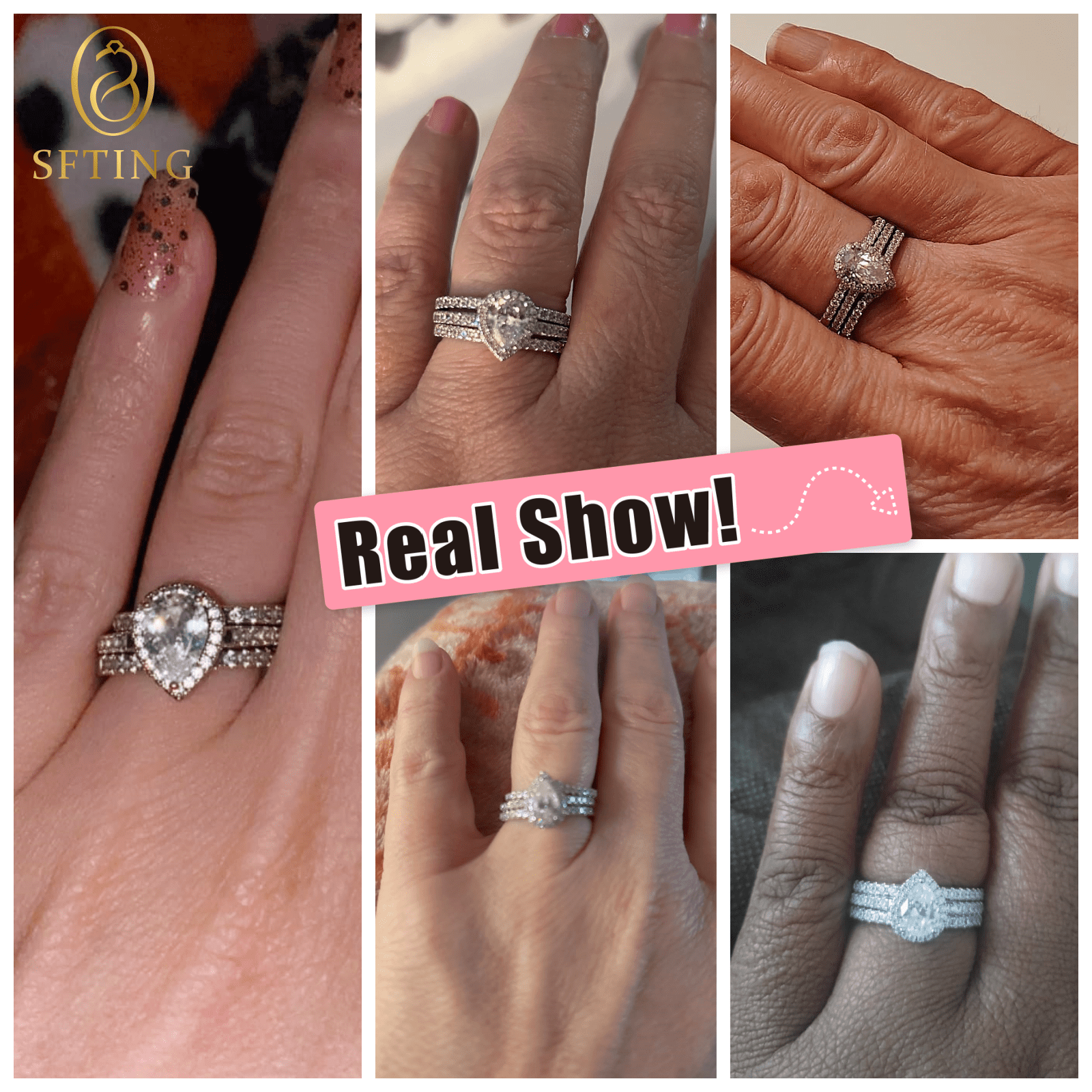 SFTING Wedding Ring Set for Women 925 Sterling Silver Engagement Rings 3pcs Pear Cut 5A Cz Size 8