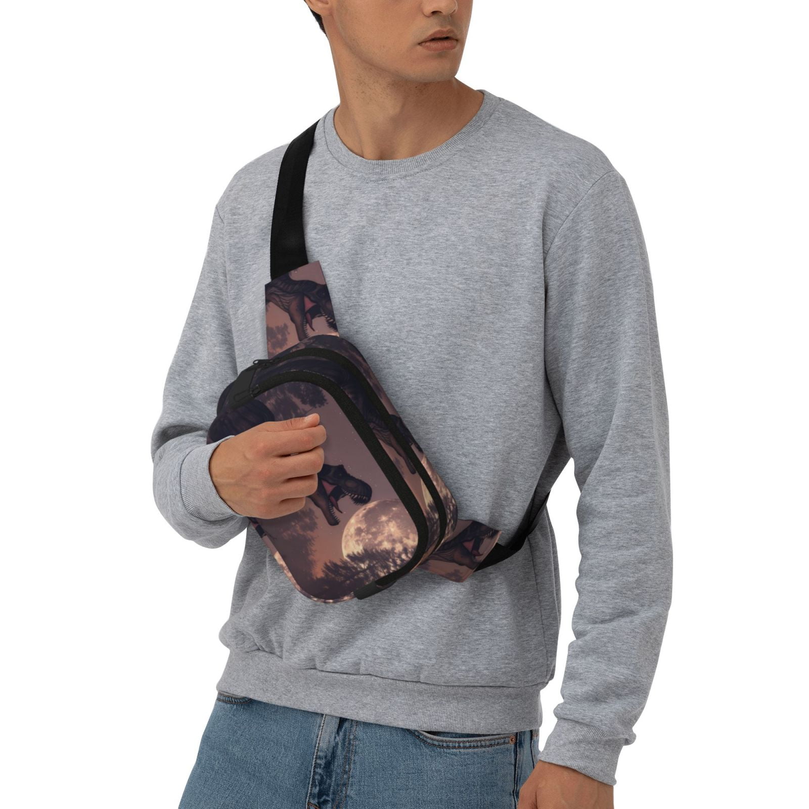 Picia Dinosaur Moonlit Forest Print Square Double-Layer Waist Bag Mini Adjustable Waist Belt Bag Exercise Running Travel Hiking