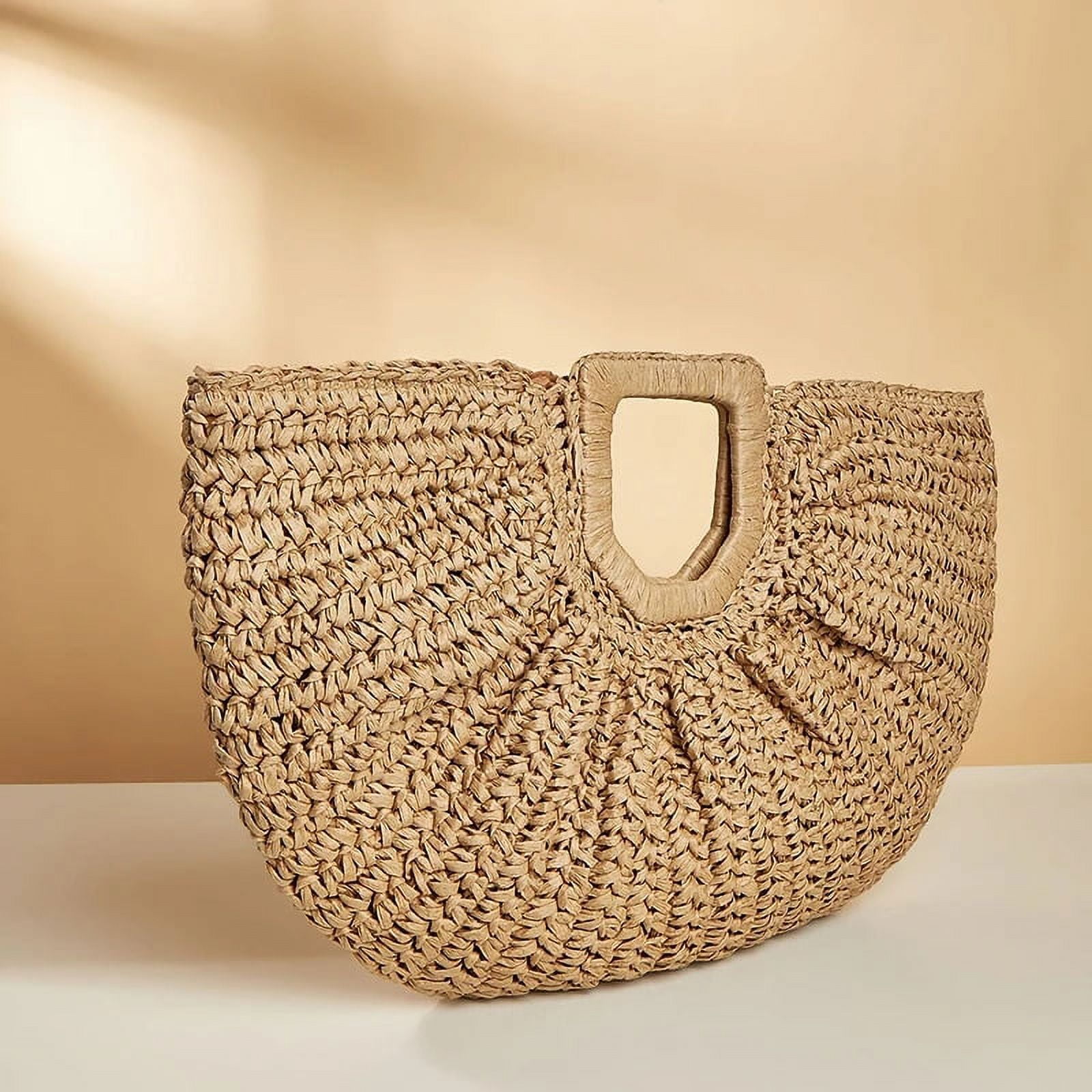 HLSOHJP Summer Woven Straw Bag Moon Large Capacity Purse and Handbag For Women Beach Basket Bags Fashion Travel Shoulder Shopper Totes