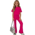 thumbnail image 5 of Amidoa Girls Summer 2 Piece Outfits Kids Print Short Sleeve and Casual Pants Clothing Sets Hot Pink Size 13, 5 of 7