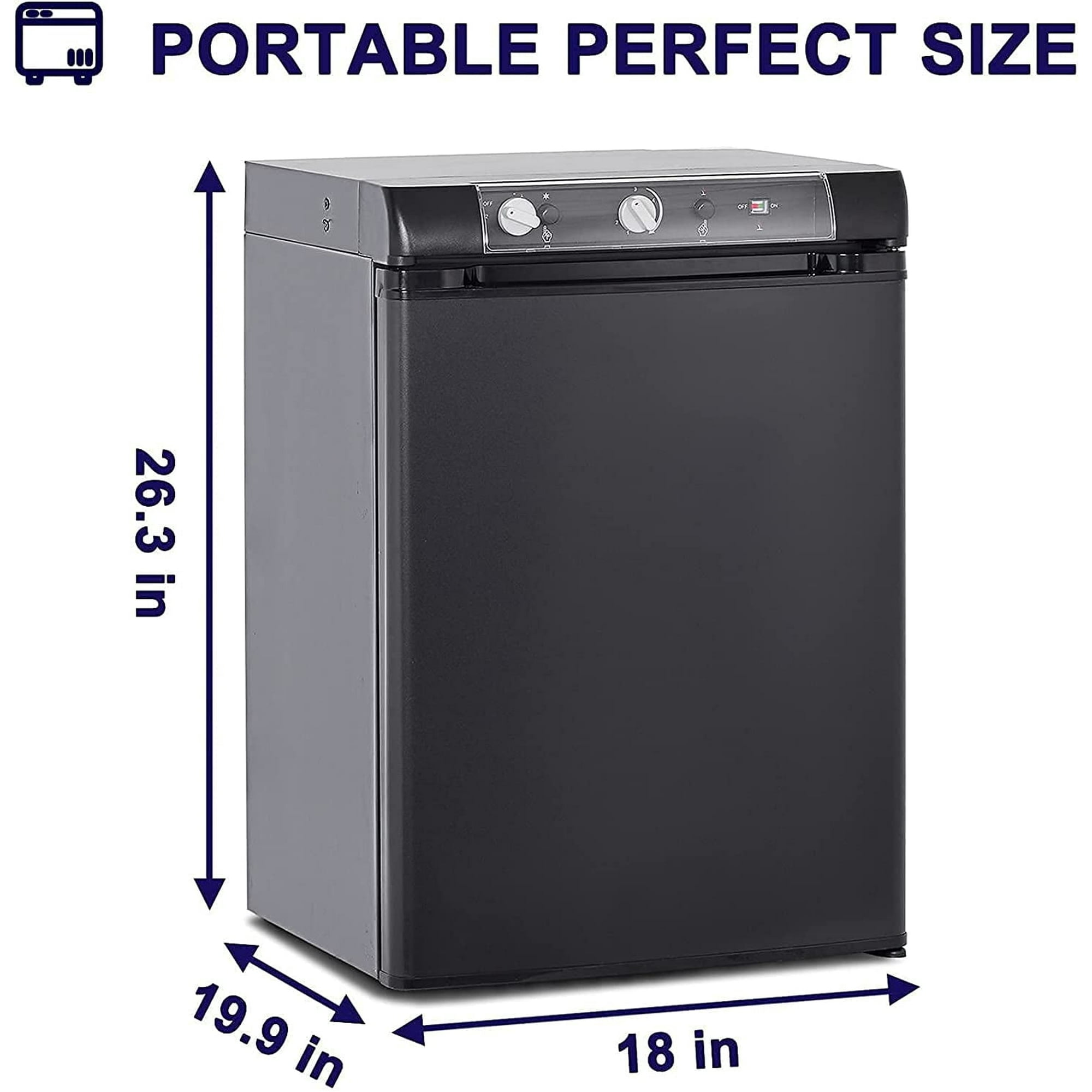 Techomey 2.1 Cu ft Quiet Propane Refrigerator, 12V / 110V / LPG, Black, Single Door