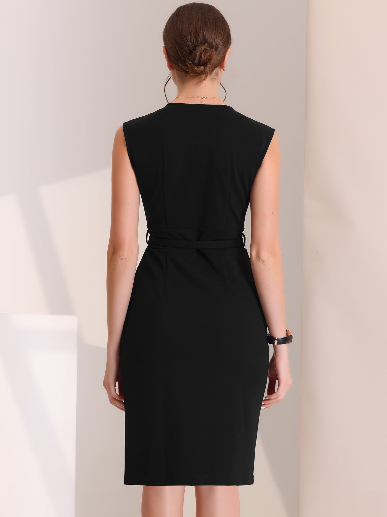 DARING DIVA Pencil Sleeveless Wrap V Neck Belted Office Dresses M Black