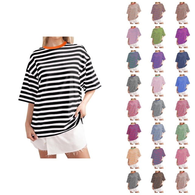 T-shirts Rayés pour Femmes 2026 Été à la Mode Manches Courtes Col Rond Confortables Légers