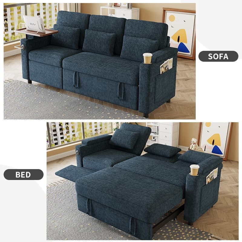 Aukfa 83" Convertible Sofa Bed, Chenille 3-Seater Pull-Out Sleeper Couch with Recliner, USB Port, Swivel Table & Storage Armrests,Blue
