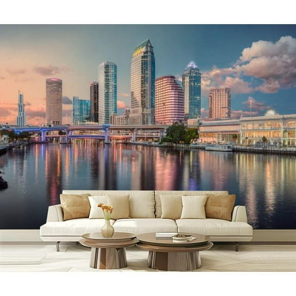 Peel and Stick Wallpaper Waterproof Tampa Florida downtown skyline bay dawn Wall Mural Decor Self Adhesive and Removable 69in x 98in