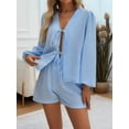 thumbnail image 6 of Women'S 2 Piece Outfits Set Long Sleeve Tie Front Top Short Set Casual Tracksuit Pajama Sets Blue L, 6 of 8