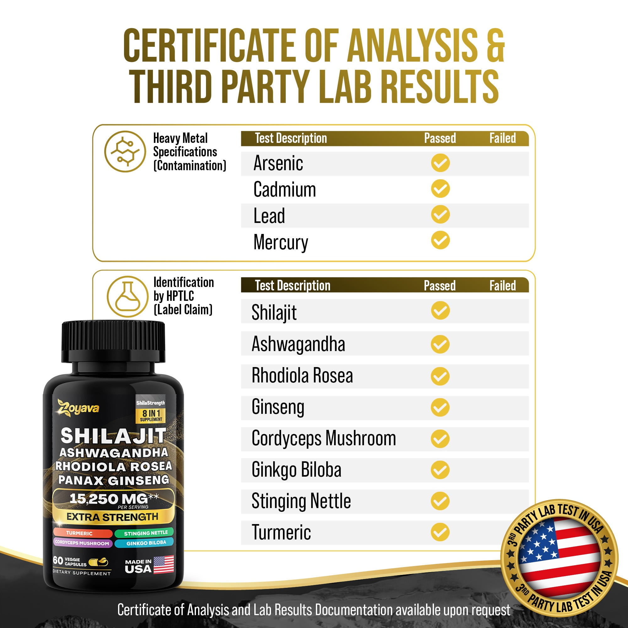 Shilajit 9000 Panax Ginseng 1500MG Ashwagandha 2000MG Rhodiola Rosea 1000MG, Turmeric 500MG, Gingko Biloba 500MG, Stinging Nettle 250MG, Cordyceps Mushroom 500MG (60 Caps)