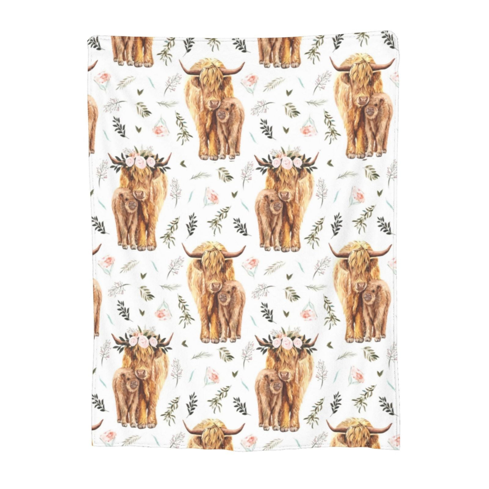 Highland Cow Print Blanket Cute Rustic Farm Animal Cow and Flowers Throw Blankets Soft Flannel Bedding Blanket 60"x80"