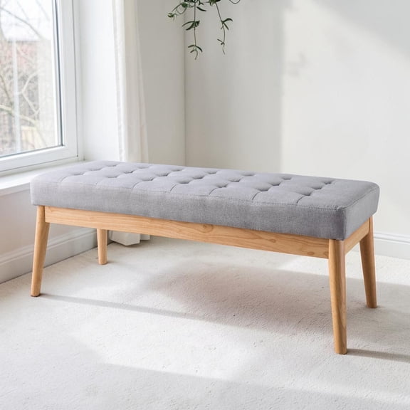 GZXS Mid-Century Modern Upholstered Bench, 43.5" Button-Tufted Seat with Solid Birch Legs, for Living Room, Entryway, Windows or End of Bed (Light Gray)