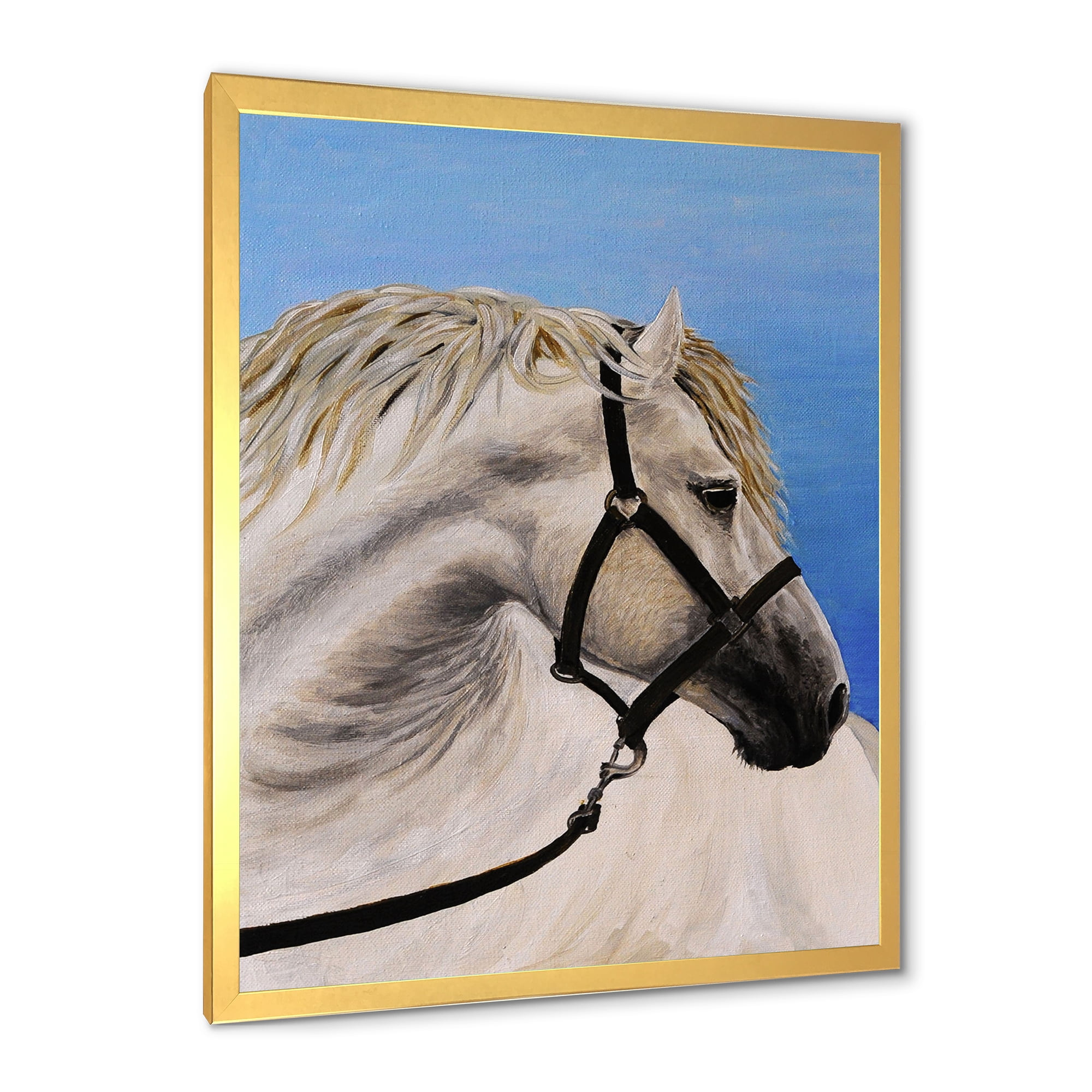 Designart 'Close Up Of White Horse In The Furrow' Farmhouse Framed Art Print