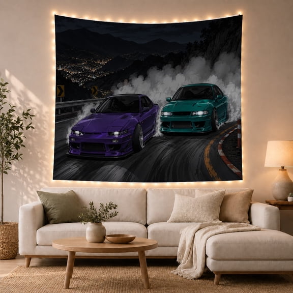 Drift Cars Racing on a Dark Mountain Road, Dramatic Retro Style for Car Enthusiasts, Racing Wall Art, Birthday Gift, Tapestry Wall Hanging for Bedroom, Living Room and Dorm