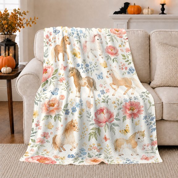 Cute Watercolor Horse Floral Foals, Festive Holiday Scene, Warm Flannel Blanket for Ranch House and Living Room with Detailed Artwork, Horse Lovers Christmas Gift, Rustic Home Decor