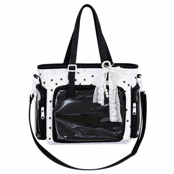 Star Print Ita Crossbody Tote Bag, Large Capacity Pin Display Handbag with Clear Window & Lace Pendant (Black)