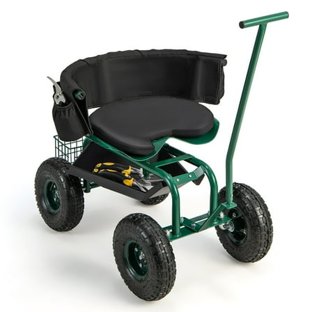 Resenkos Outdoor Patio Garden Truck, Cart, Rolling Garden Cart with Height Adjustable Swivel Seat and Storage Basket-Green