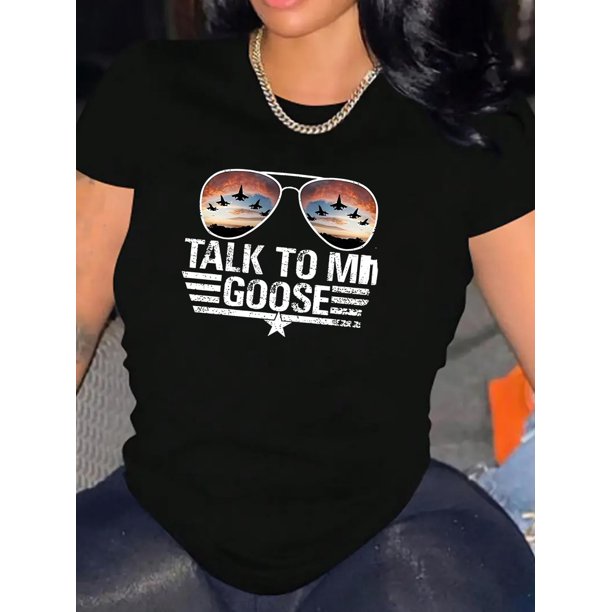 Camiseta De Mujer De Verano Suave Y Ligera Básica Para Llevar Deportes1pc Women'S Fashion Casual Crew Neck T-Shirt with Airplane Glasses Print, Polyester Knit Fabric, Medium Stretch, All-Season Comf