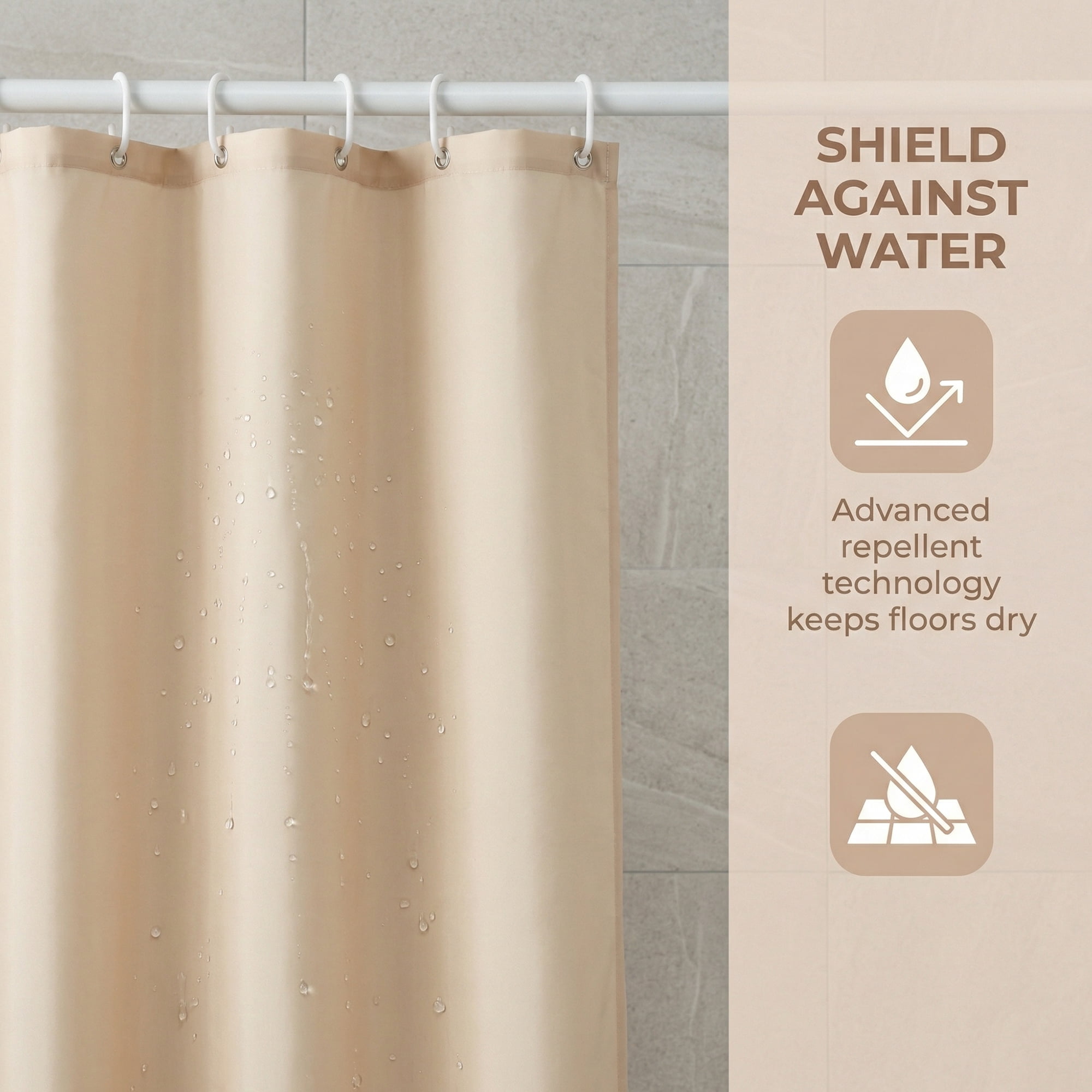 Unique Bargains Solid Polyester Shower Curtain Sets with 12 Hooks Beige 71"W x 71"L