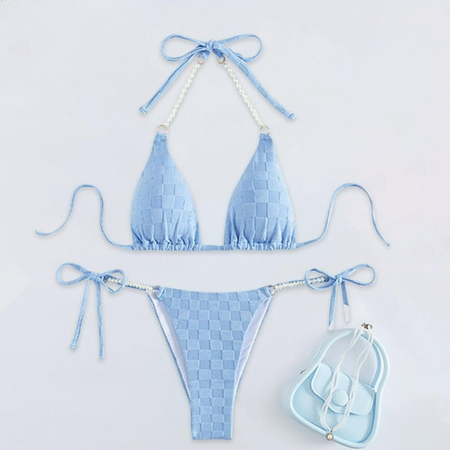 UPPADA Womens High Waisted Bikini Set Tie Knot High Rise Two Piece Swimsuits Bathing Suits V Neck Swimwear Drawstring Tummy Control Swimsuits Tie Back Elegant Summer Bathing Suit Sky Blue,S
