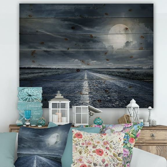 Designart 'Cloudy Full Moon Over Asphalt Road II' Nautical & Coastal Print on Natural Pine Wood