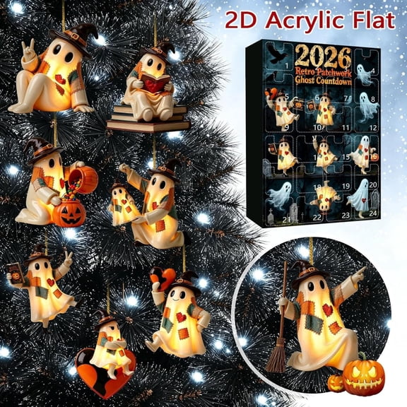 2026 Halloween Advent Calendar, Glowing 2D Acrylic Ghost Patchwork Countdown Ornament, 24-Day Hanging Decoration with Illuminated Display for Home Party, Window Decor and Family Gathering, B