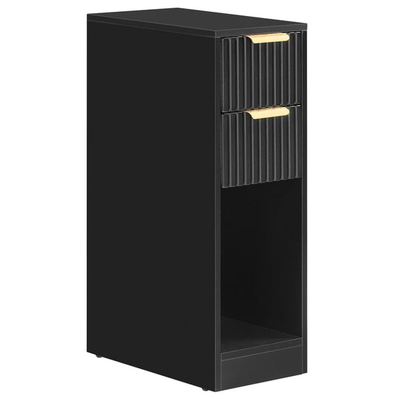 HOOBRO Narrow Fluted End Table with 2 Drawers & Open Shelf, Black