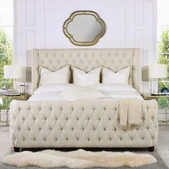 Light Beige Linen Brooklyn King Tufted Panel Bed Headboard & Footboard, Offering Ample Mattress Space