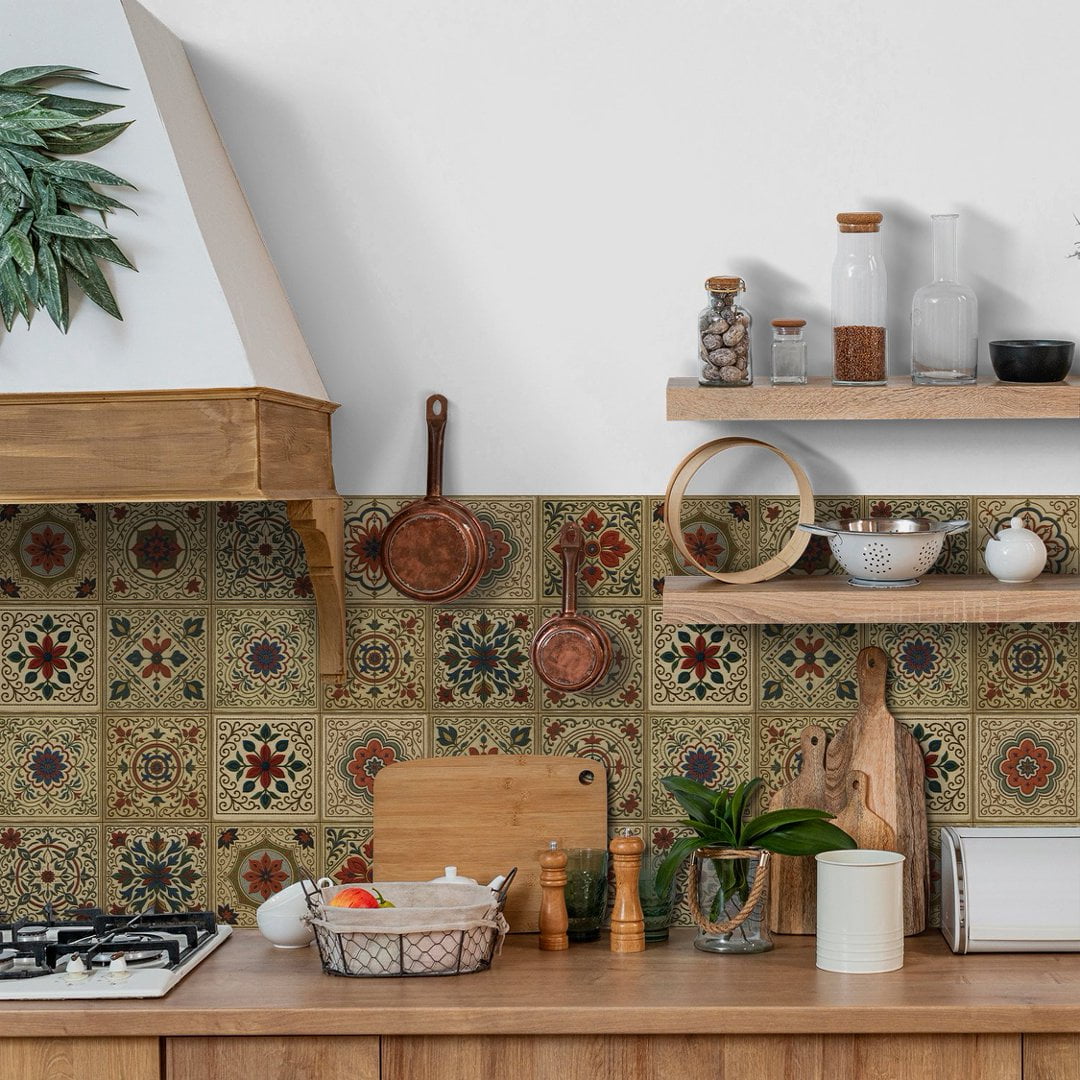 12 Pcs Foaming Board Tiles Stickers Wall Decals 5.91" x 5.91" Green Red Brown  Flowers Pattern Waterproof Peel and Stick Backsplash Mural