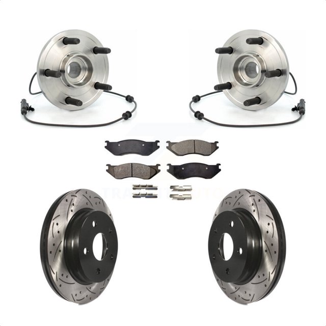 Transit Auto Front Hub Bearing Assembly Coated Drilled Slotted Disc Brake Rotors and Ceramic Pads Kit for Car 2004-2005 Dodge Durango KBB-103256