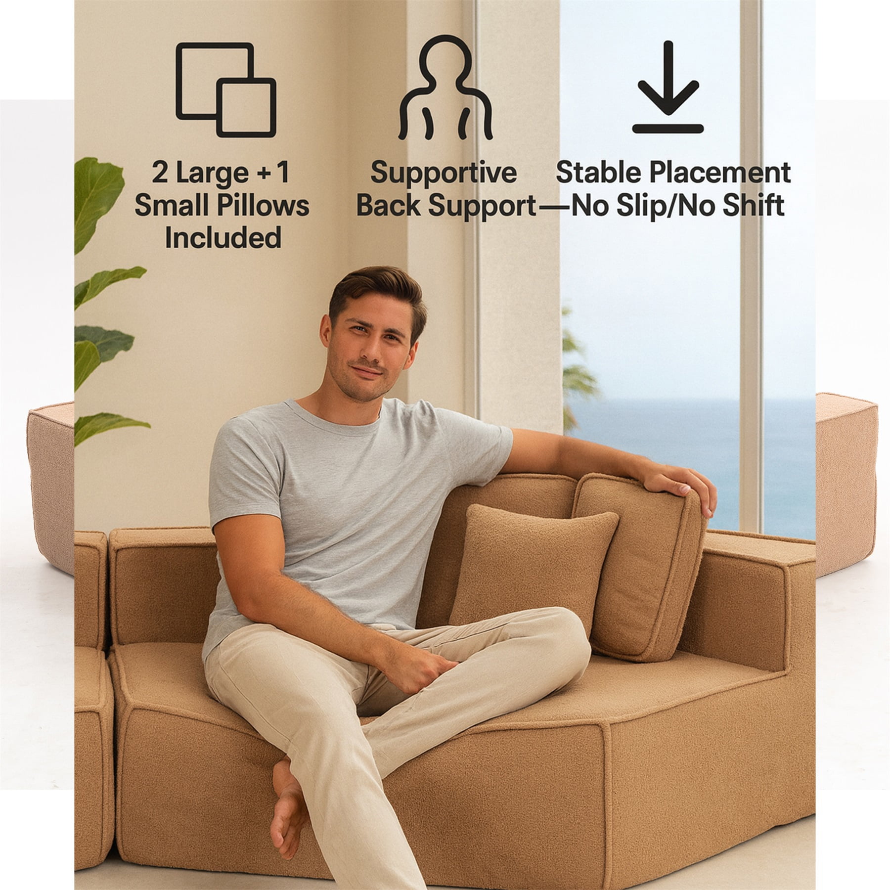Hommoo Teddy Fleece Single Sofa Chair,Compressed Modular Floor Couch with Wide Seat and 3 Back Cushions, Soft All-Foam Support, Cozy Lounge Chair for Home, Kids & Pets, Right Side, Brown