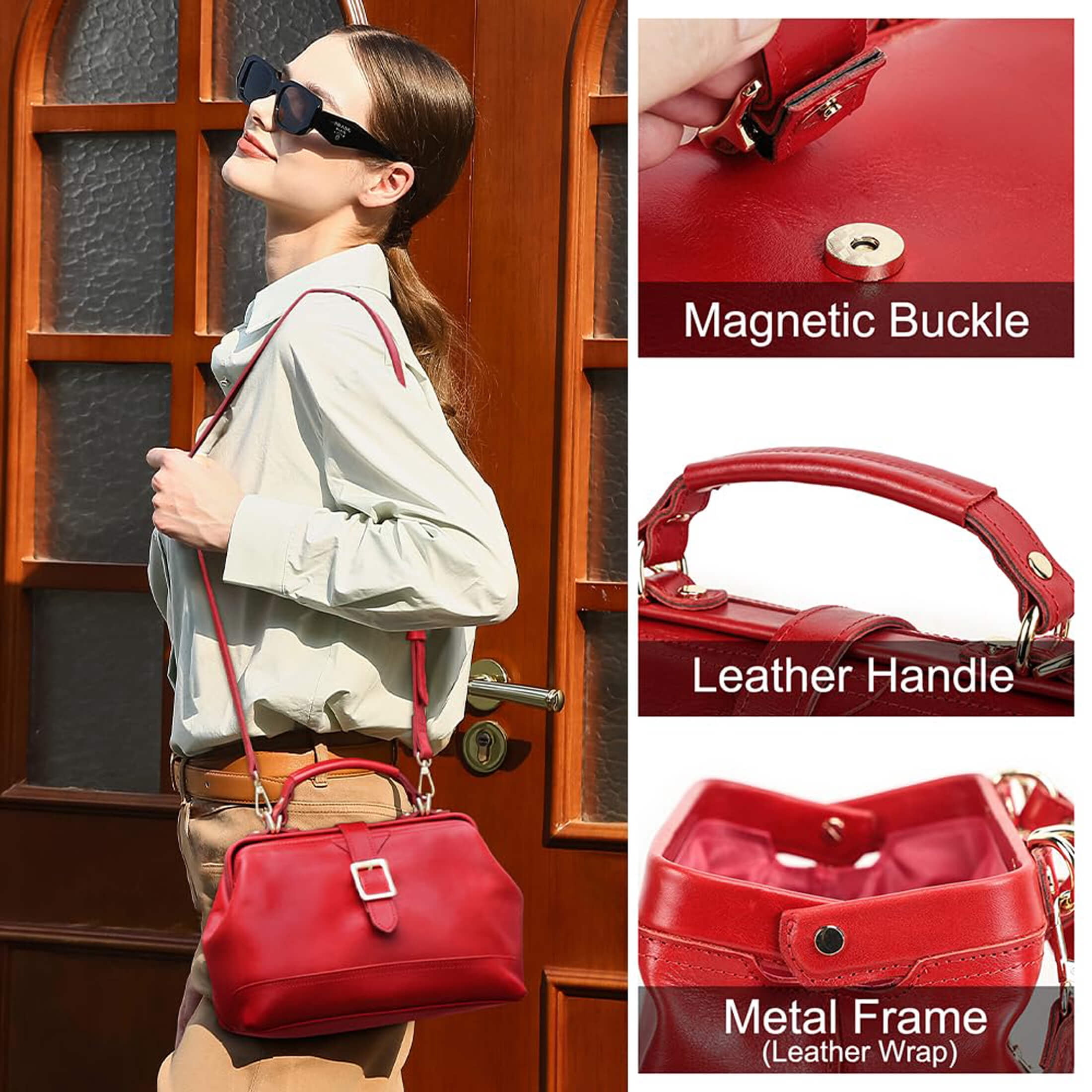 Contact's Genuine Leather Red Handbags Tote Shoulder Bag, Doctor Bag for Women, Large Capacity,Valentine Gift