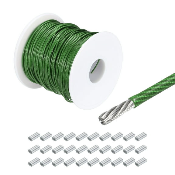 328Ft(100M) Wire Rope 304 Stainless Steel Cable 3/64"(1mm) Vinyl Coated with 30 Pcs Aluminum Sleeves Green