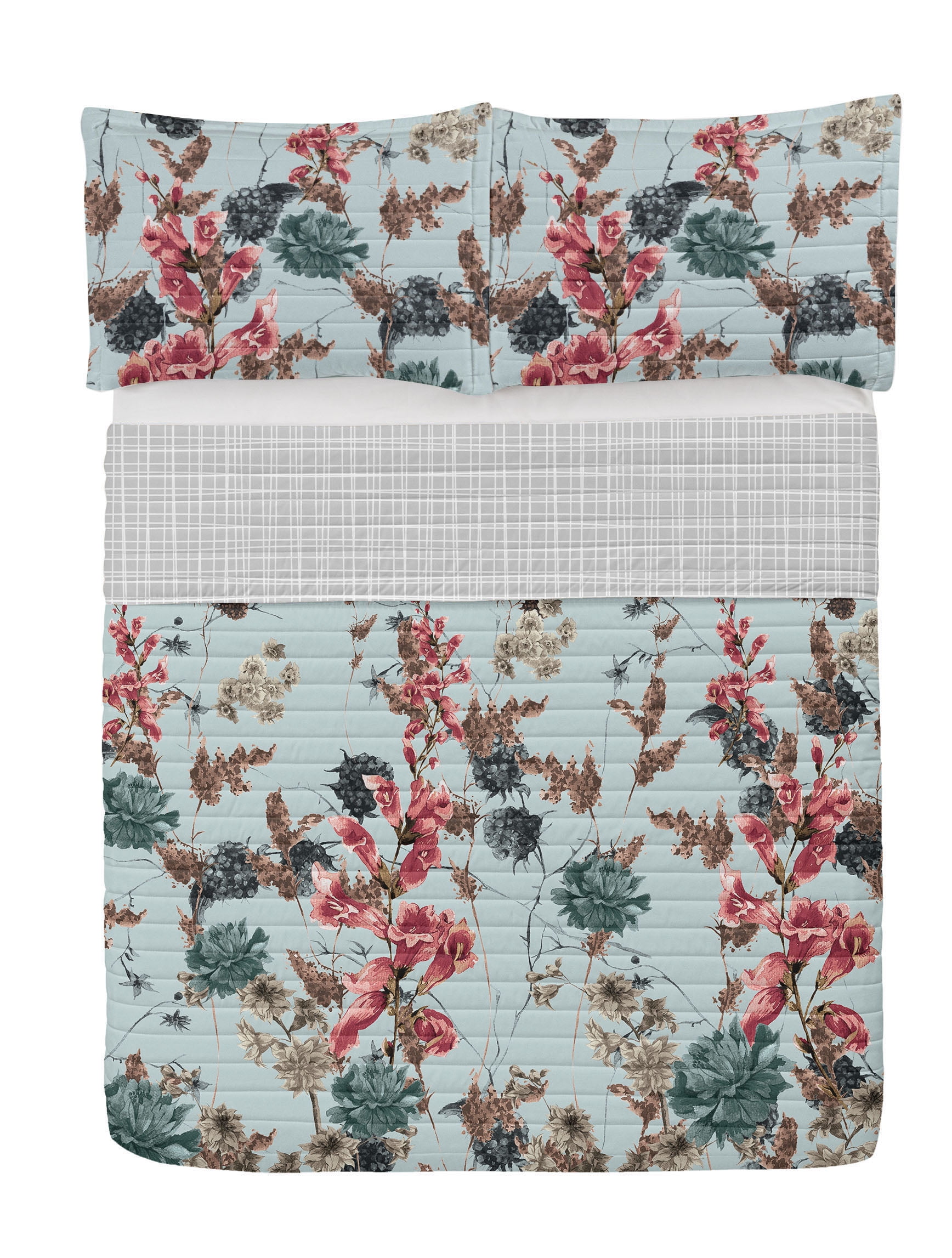 Pale Blue Coral Queen Microfiber Reversible Bedspread Set