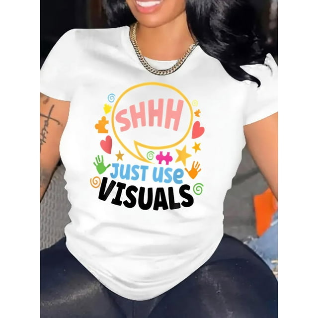 Camiseta gráfica informal para mujer: cómoda mezcla de algodón y elastano, cuello redondo y manga corta, ideal para verano y deportes. Top deportivo de ocio.