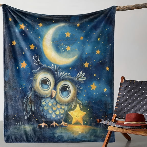 Vintage Owl Print Fleece Throw Blanket – Cozy, Soft and Warm Plush Flannel Blanket for Sofa, Bed, Car, Office, Camping, and Travel – All-Season Versatile Polyester Woven Bedspread with Starry Night a