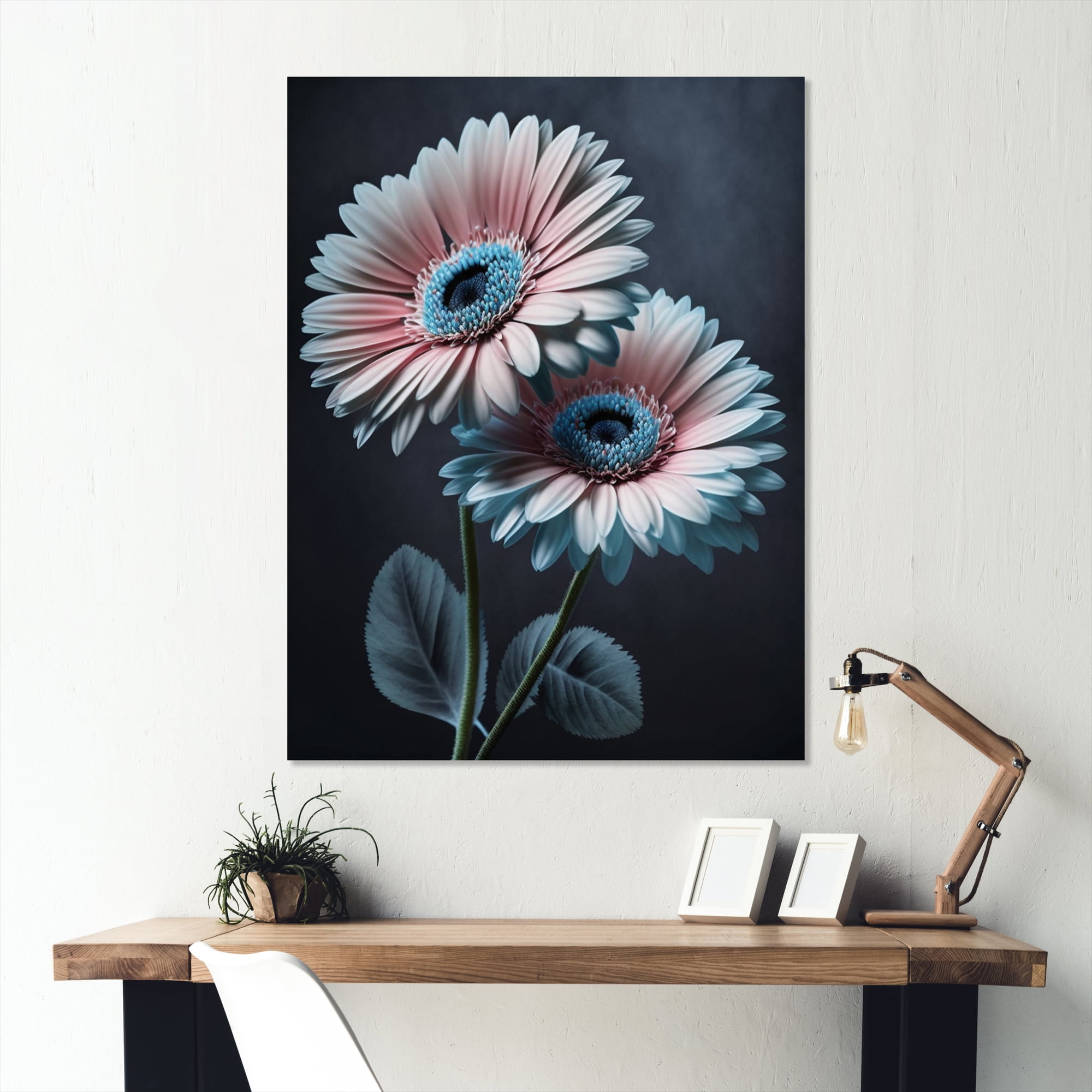 Designart Hyperrealistic Gerbera Pink And Blue Flowers II Canvas Wall Art