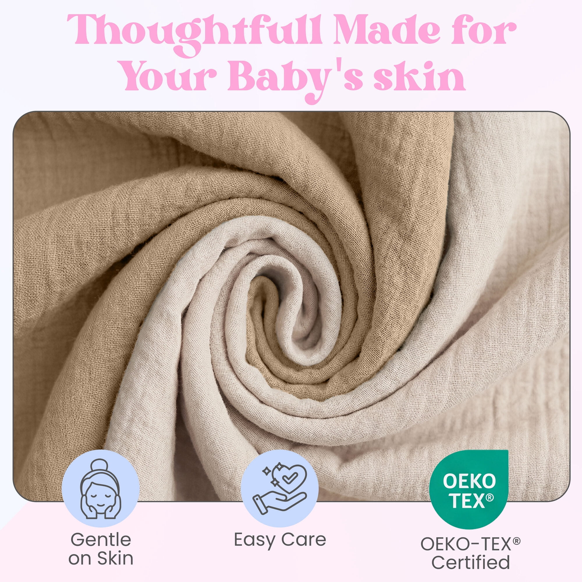 Mère & Moi: Muslin Baby Blanket – 2 Pack, Sand & Cream - 40x36", Double Layer Cotton Swaddle, Lightweight-Breathable, Oeko-TEX, Newborn-Toddler Wrap