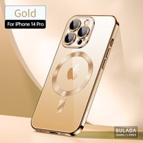 Dteck for iPhone 14 Pro 6.1 Inch Strong MagSafe Magnetic Clear Case, HD Glass Lens Film Protection Wireless Charging Airbag Protection Shockproof Anti-drop Not-Yellowing Slim Case,Gold
