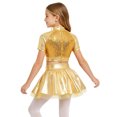 thumbnail image 2 of Aiihoo Kids Girls Jazz Dance Performance Outfit Mock Neck Short Sleeve Sequins Metallic Shirt Crop Top with Shiny Tutu Skirt Streetwear Gold 6, 2 of 6