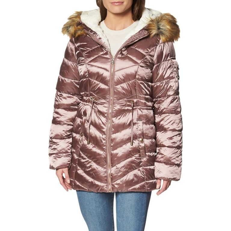Jessica Simpson Women S Faux Fur Lined Water Resistant Puffer Coat Pink Size L Com Jessica Simpson Women S Faux Fur Lined, Jessica Simpson Black Faux Fur Trim Hooded Puffer Coat