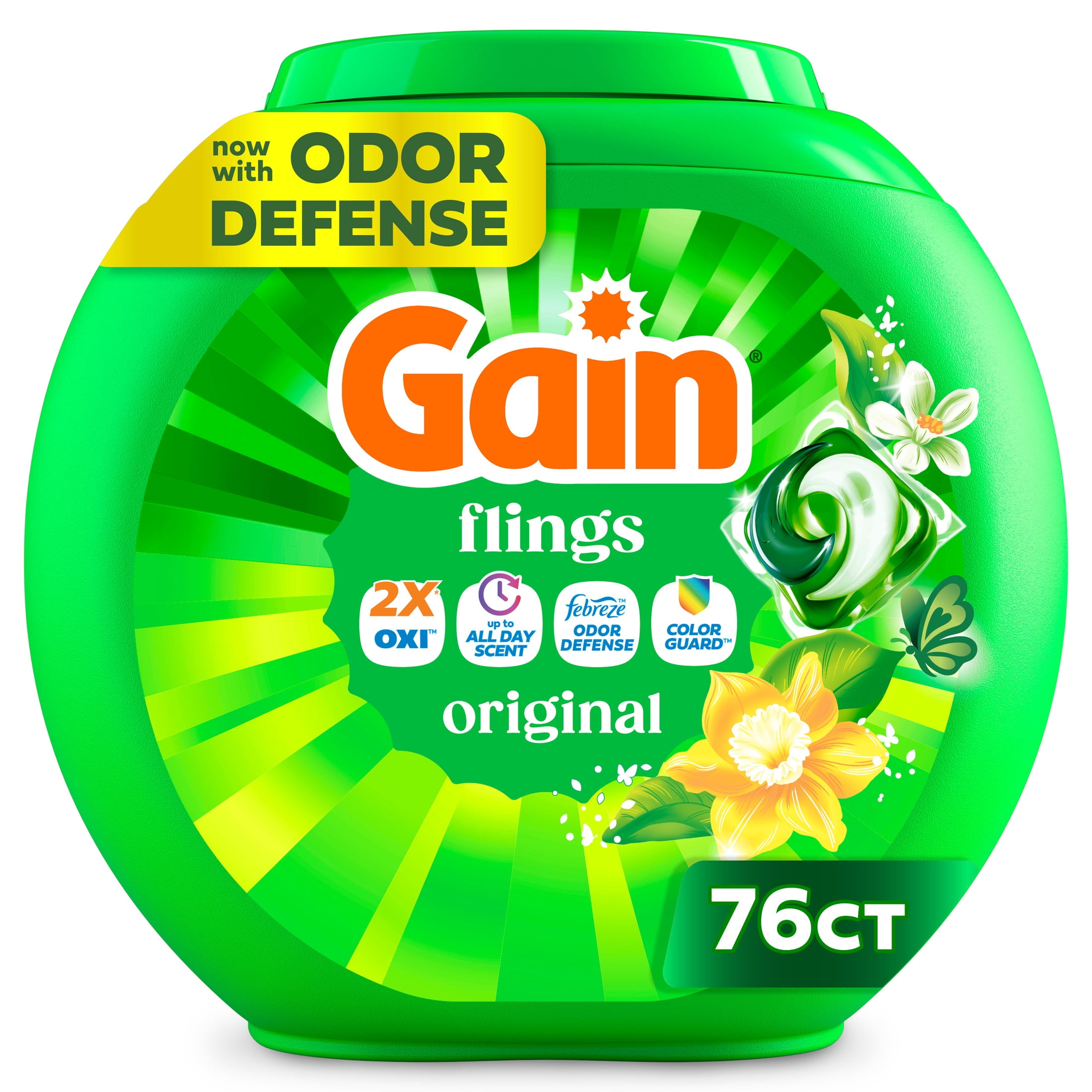 (4 pack) Gain Flings Laundry Detergent Soap Pacs, 3-in-1 Oxi Boost and Febreze, Original Scent, 76 Count