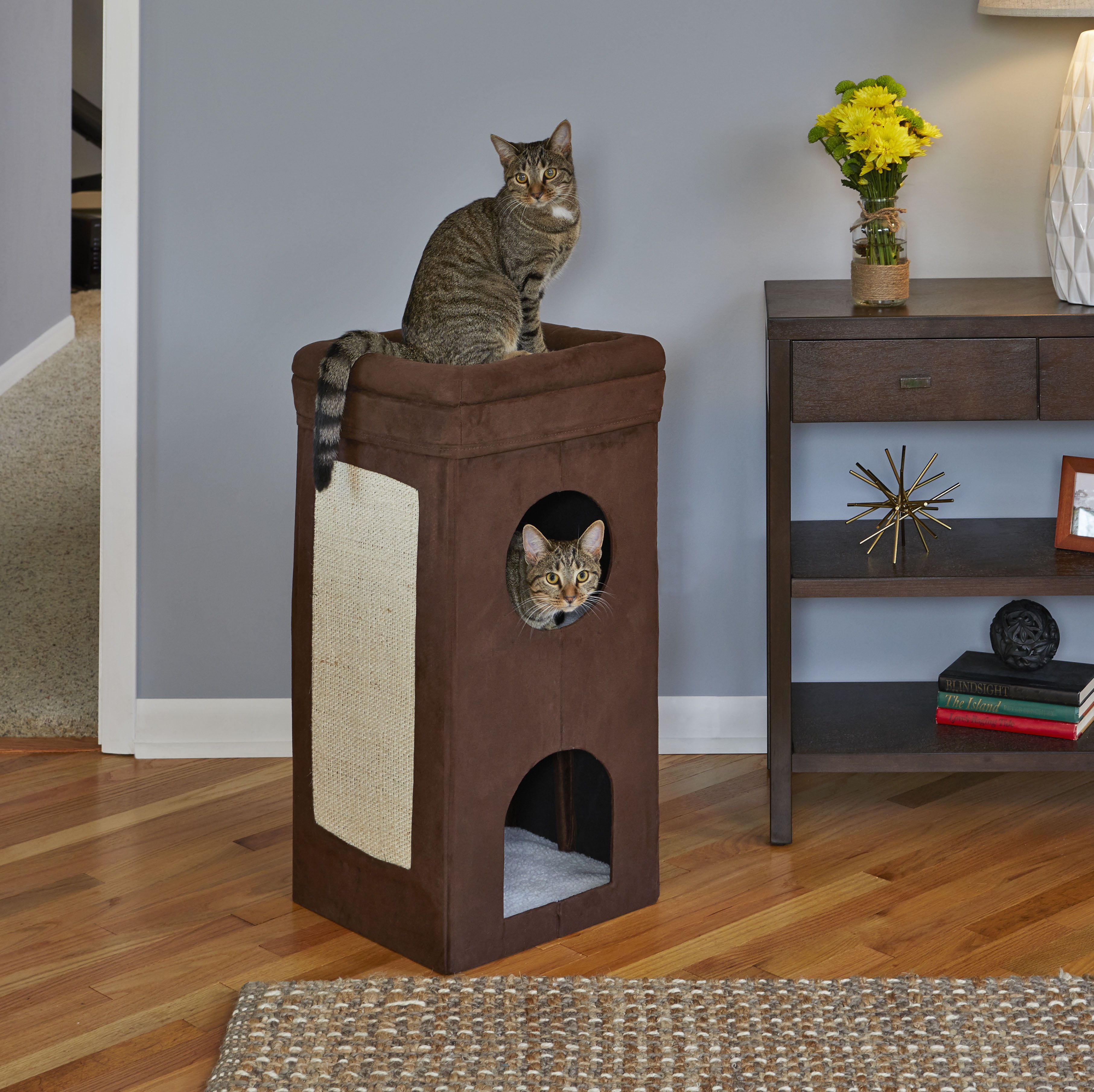 MidWest Homes for Pets, Two Story Curious Cat Condo With Scratching Panel and Two Hideaways, Brown