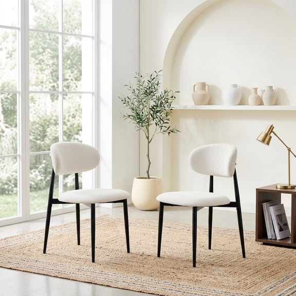 Set of 2 Upholstered Fabric Dining Chairs with Black Metal Legs - Beige Seat