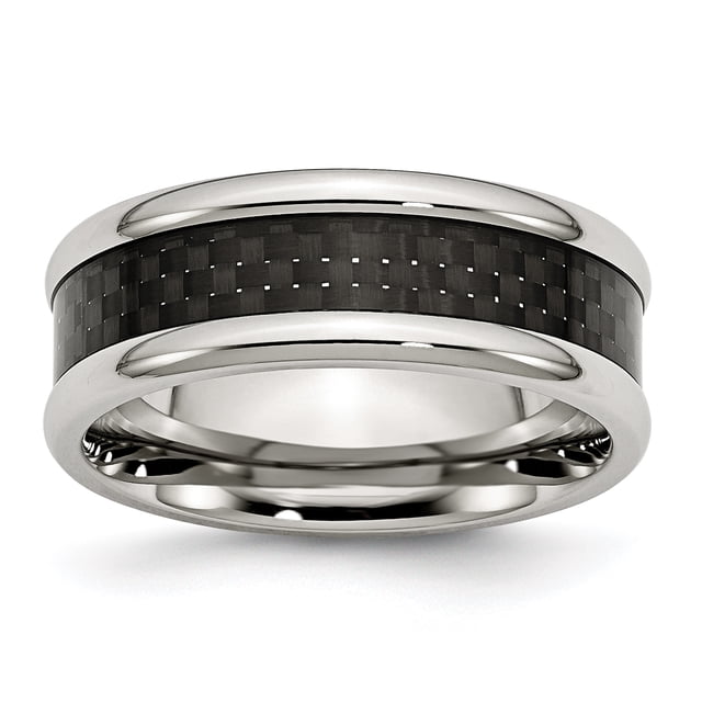Acier Inoxydable Poli avec Incrustation de Fibre de Carbone Noir 8mm Bague 12 Taille